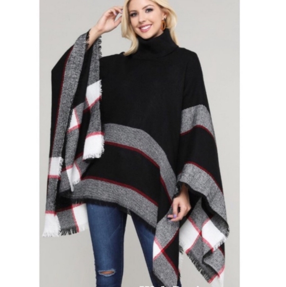 Sweaters - Plaid Contrast Turtleneck Poncho